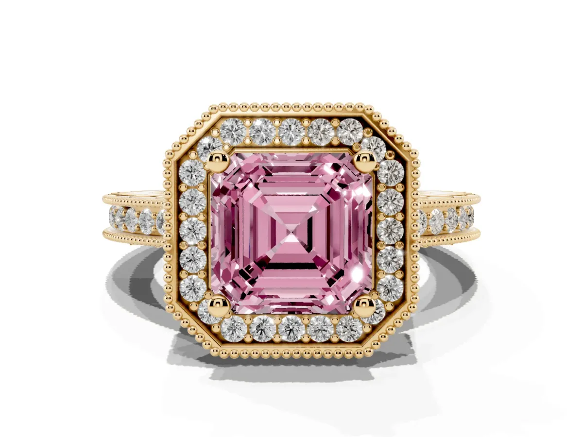 Fancy Pink Asscher Cut Diamond Milgrain Halo Engagement Ring with Round Pavé Band and Prong Setting Yellow gold