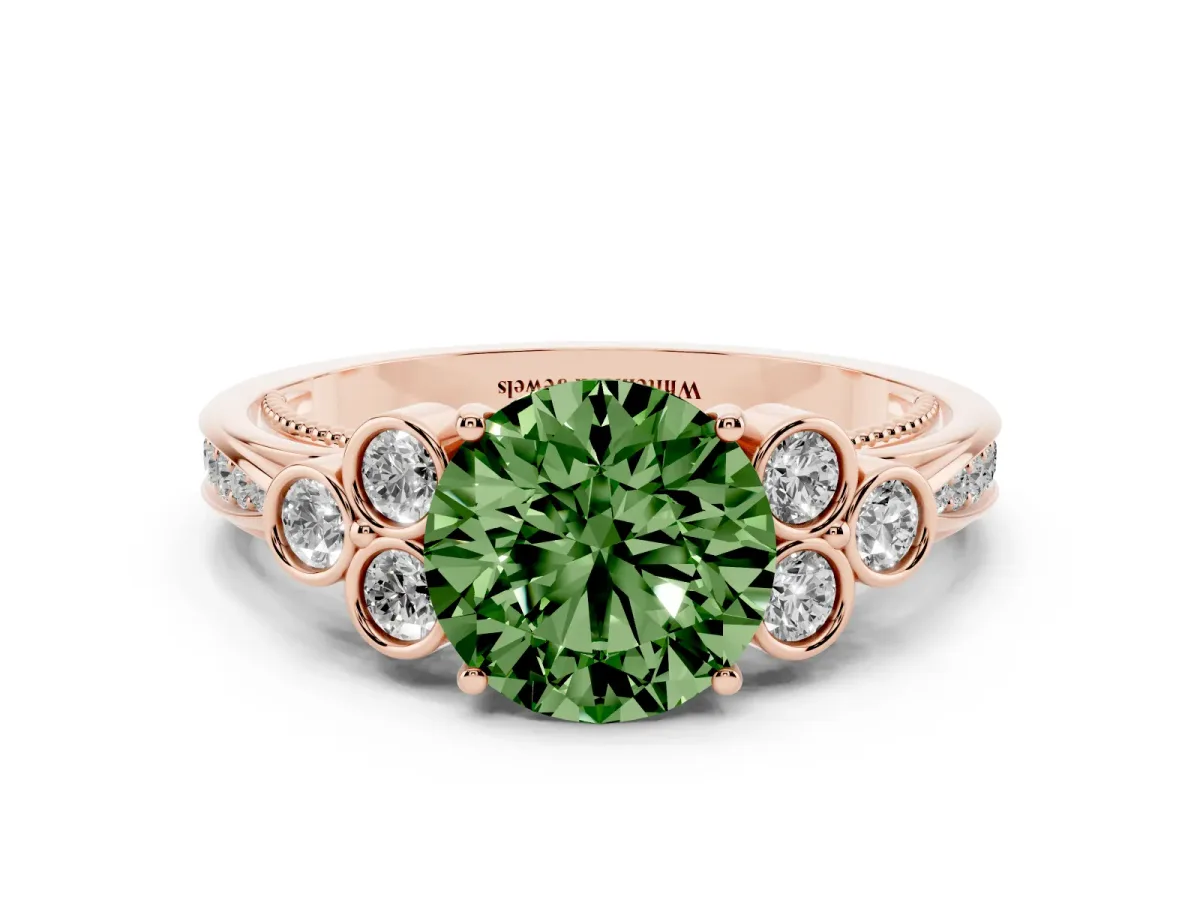 Fancy Green Round Cut Cut Diamond Engagement Ring with Bezel Set Round Side Stones and Prong Setting Rose gold