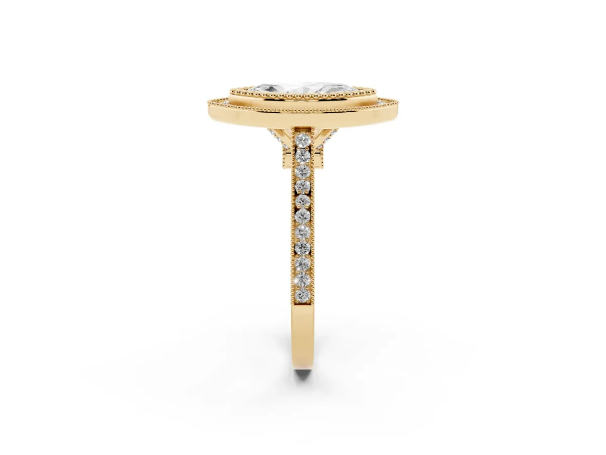 Marquise Cut Diamond Halo Ring with Milgrain Frame and Pavé Band Yellow gold