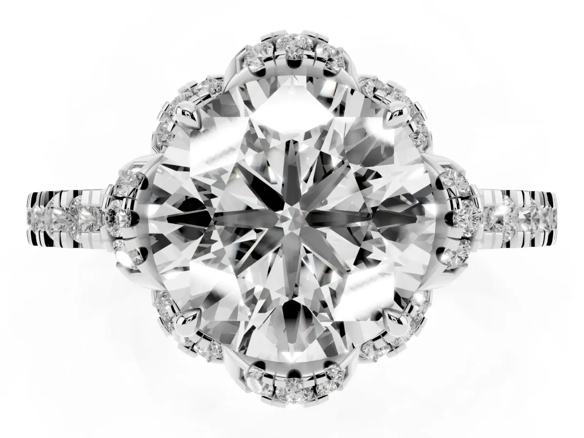 Round Cut Halo Diamond Pave Band Ring with Four-Prong Setting Silver