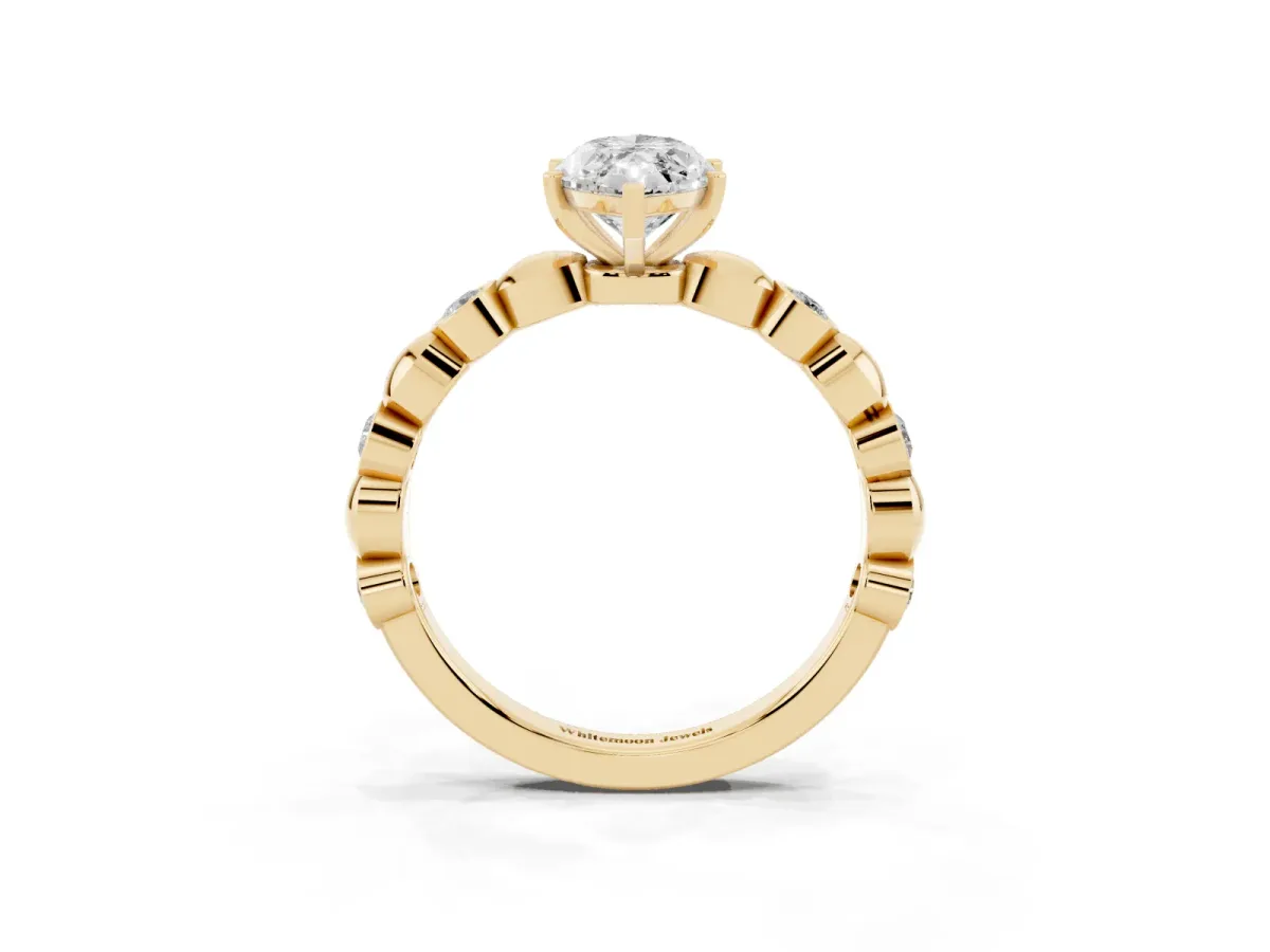 Marquise Cut Solitaire Bezel-Set Diamond Ring with Beaded Band and Four-Prong Setting Yellow gold