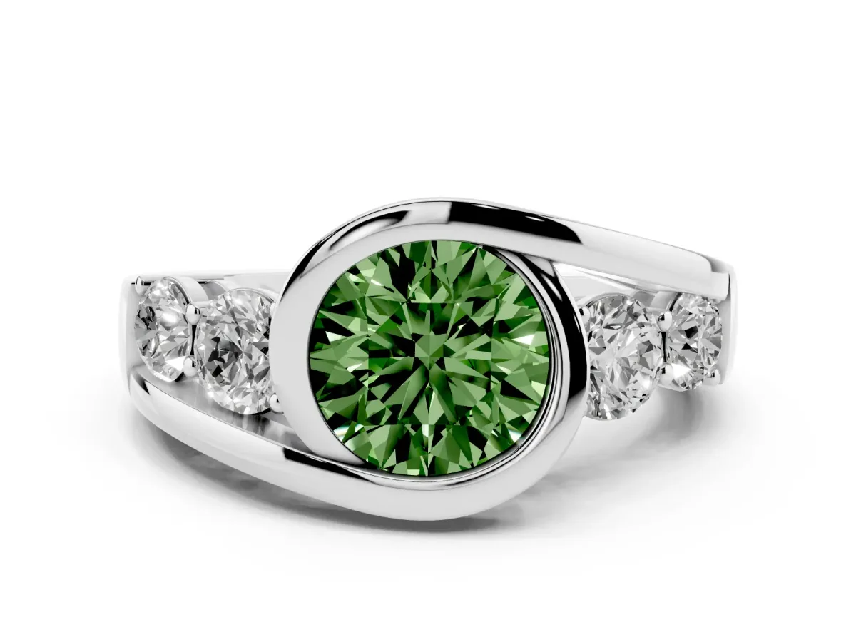 Fancy Green Bezel Set Round Cut Diamond Bypass Ring with Round Accents Silver
