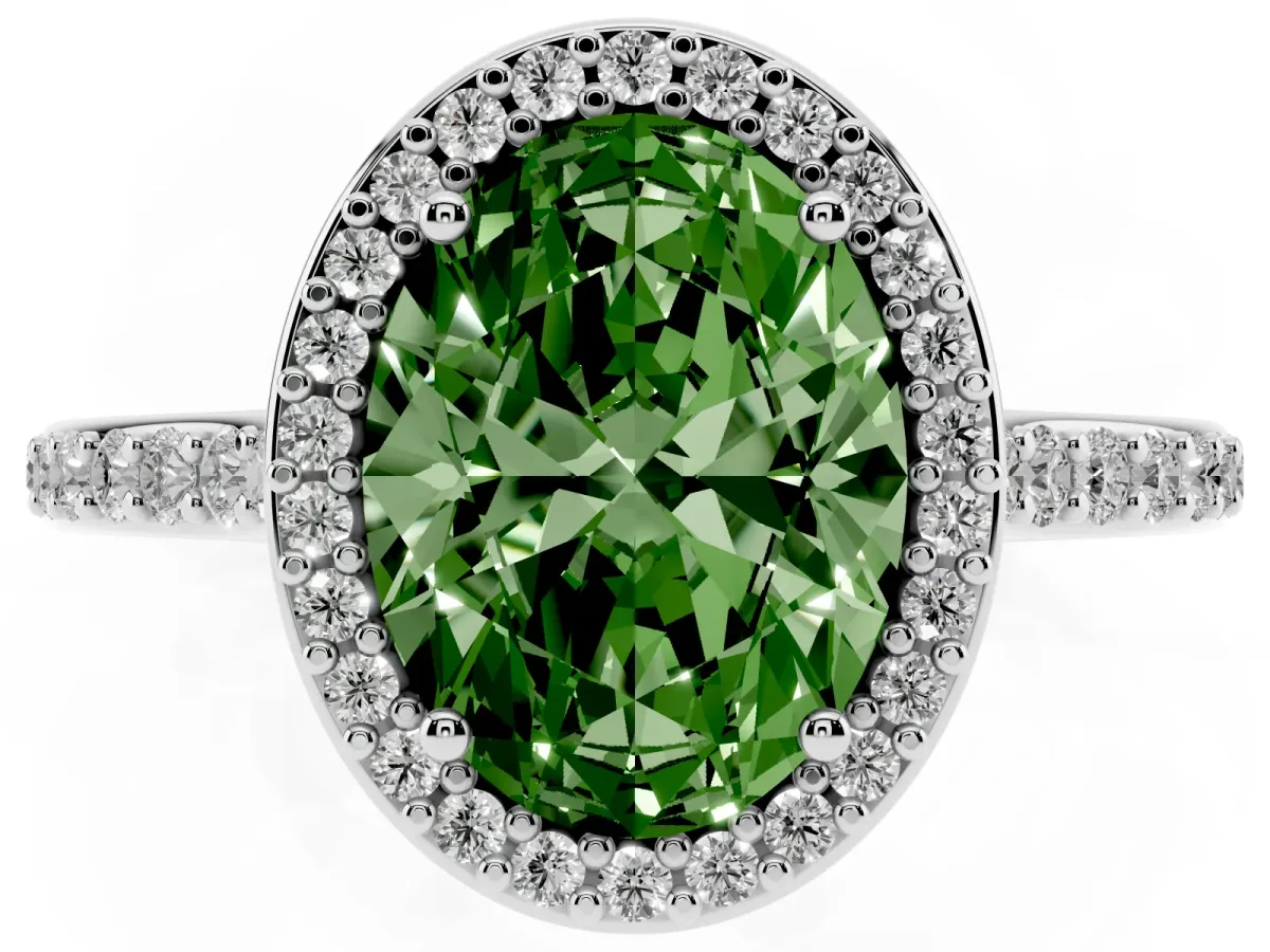 Fancy Green Oval Cut Diamond Halo Engagement Ring with Round Pavé Shoulders and Prong Setting Silver