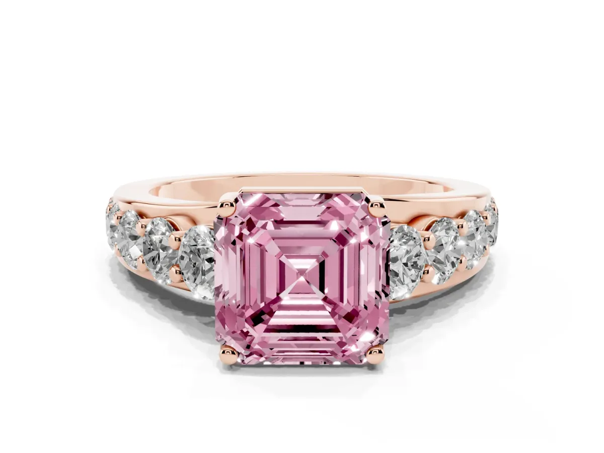 Fancy Pink Asscher Cut Diamond Engagement Ring with Pavé Band and Four-Prong Setting Rose gold