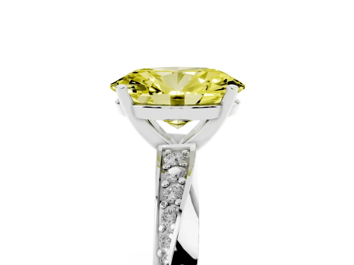 Fancy Yellow Oval Cut Diamond Engagement Ring with Side Stone Accents and Four-Prong Setting Silver