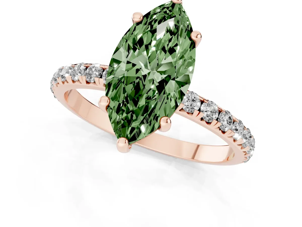 Fancy Green Marquise Cut Cut Diamond Solitaire Ring with Micro Pave Band and Four Prong Setting Rose gold