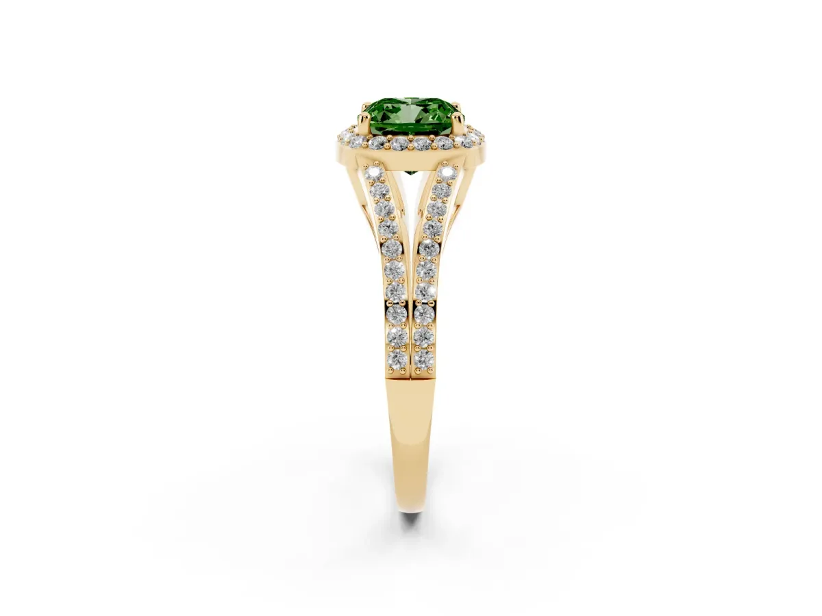 Fancy Green Cushion Cut Halo Split Shank Diamond Ring with Prong Setting Yellow gold
