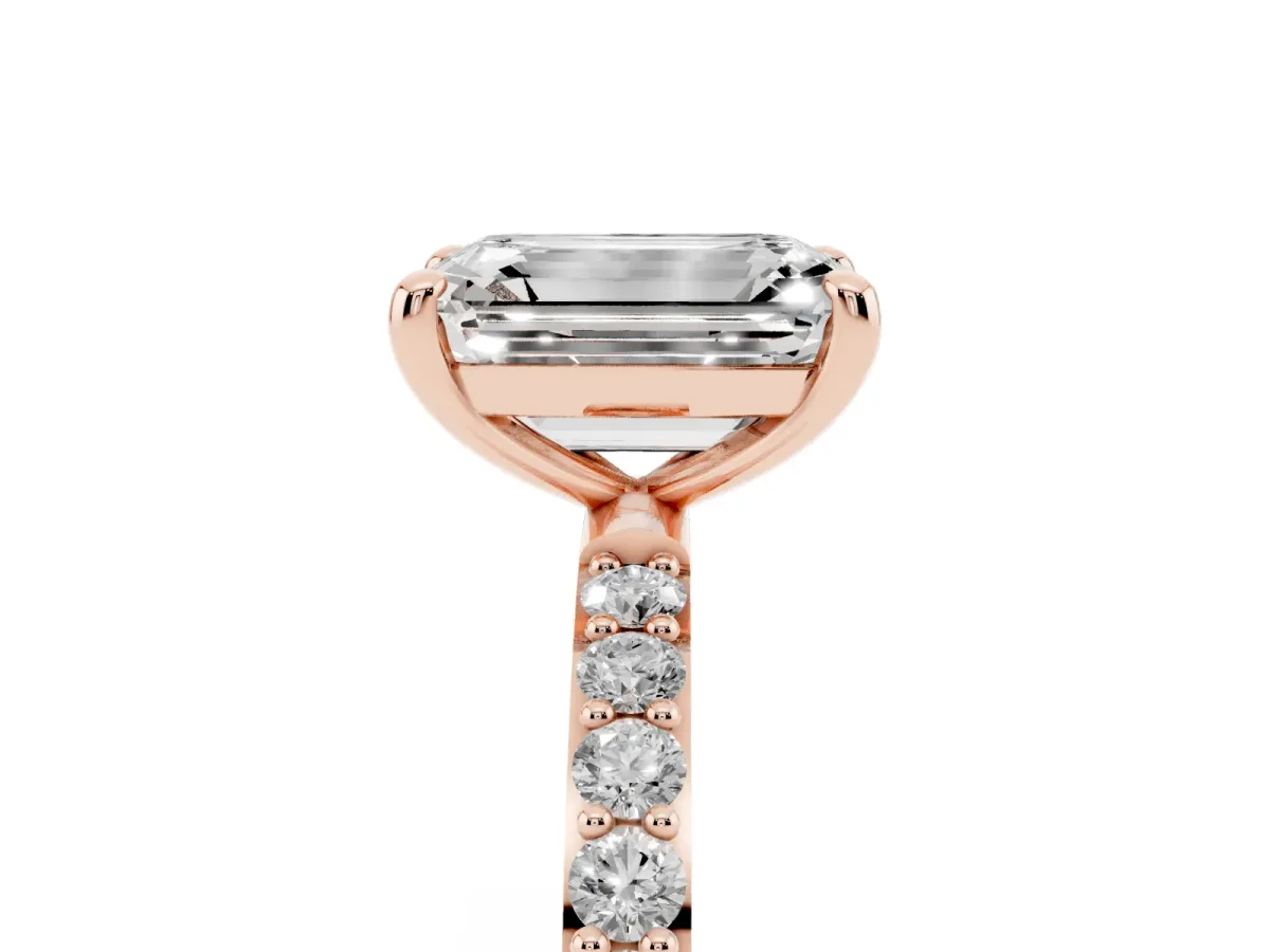 Emerald Cut Diamond Solitaire Ring with Round Pavé Band and Prong Setting Rose gold