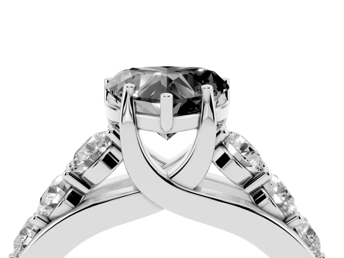 Fancy Black Heart Cut Diamond Engagement Ring with Pavé Band and Four-Prong Setting Platinum