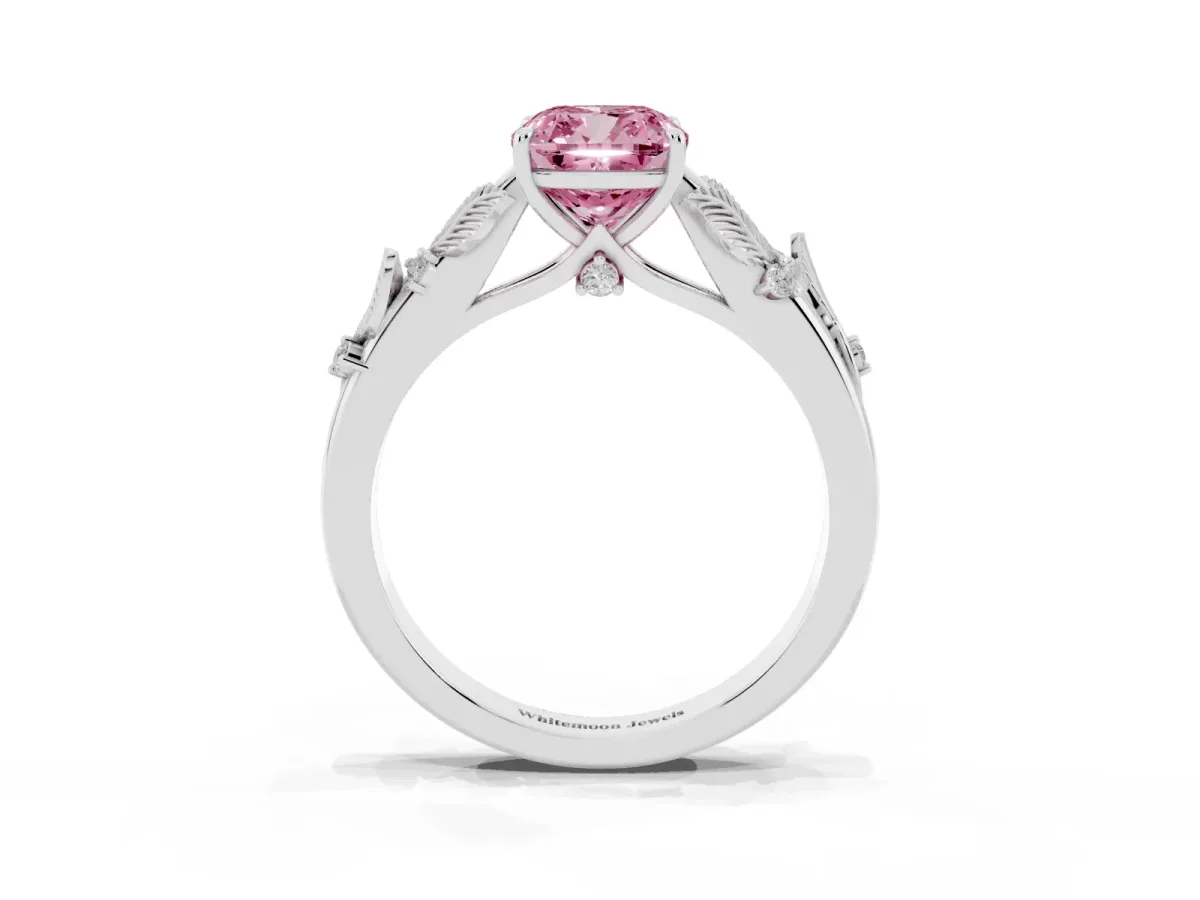 Fancy Pink Cushion Cut Diamond Solitaire Ring with Leaf Motif Band and Four-Prong Setting Platinum