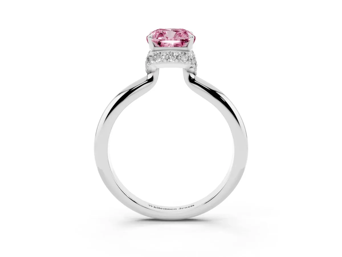 Fancy Pink Cushion Cut Brilliant Solitaire Engagement Ring with Six-Prong Setting and Classic Band Silver
