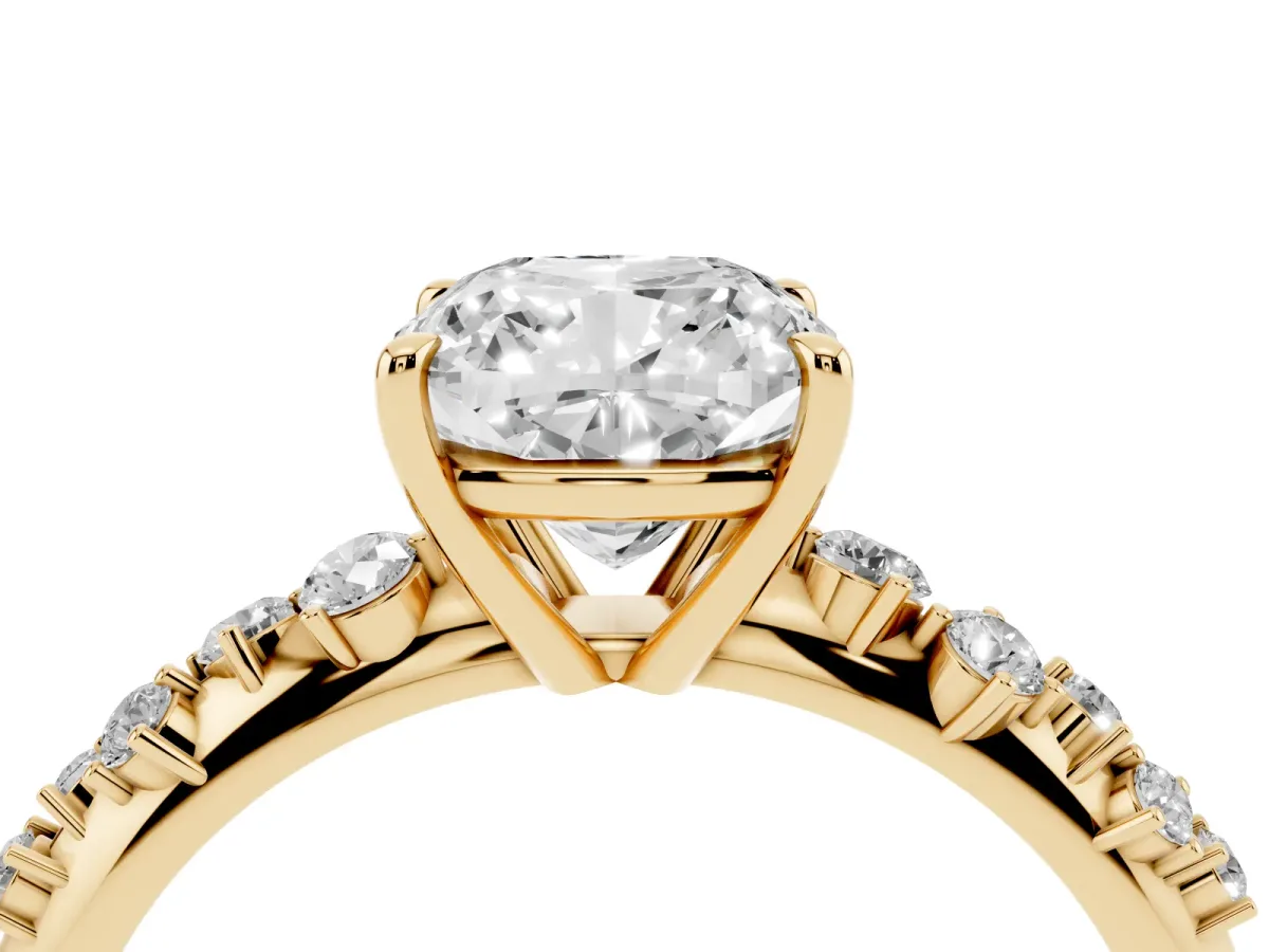 Cushion Cut Diamond Cluster Side Stone Solitaire Ring with Prong Setting Yellow gold