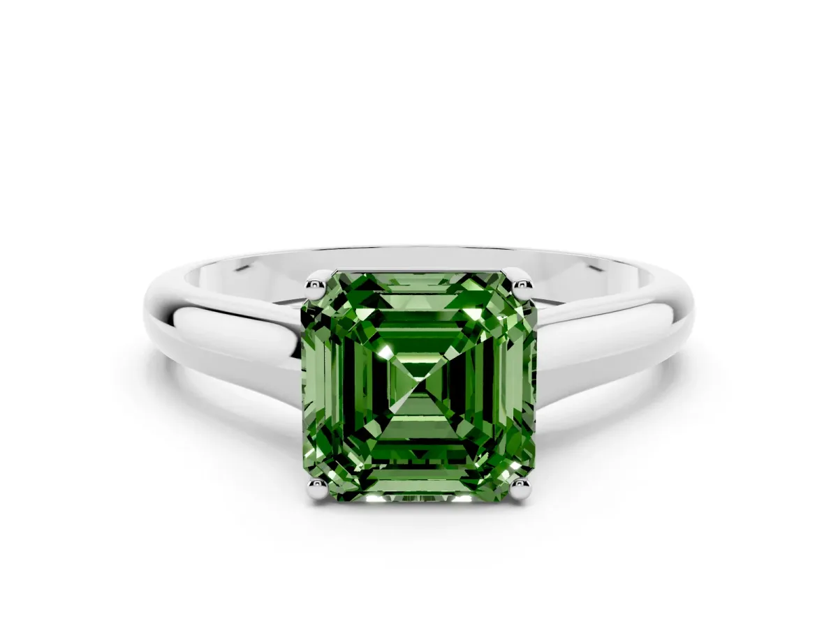Fancy Green Asscher Cut Solitaire Engagement Ring with Tapered Band and Four-Prong Setting Silver