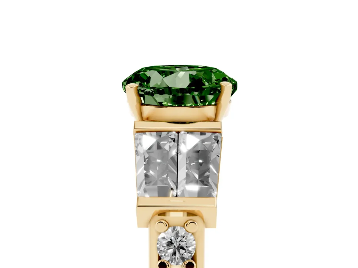 Fancy Green Round Cut Diamond Engagement Ring with Baguette Side Stones and Channel Set Band Yellow gold