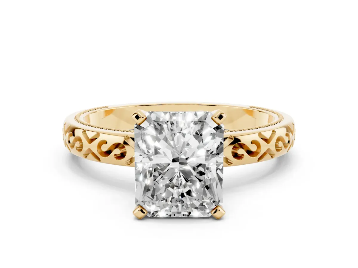 Radiant Cut Solitaire Engagement Ring with Scrollwork Band and Four-Prong Setting Yellow gold