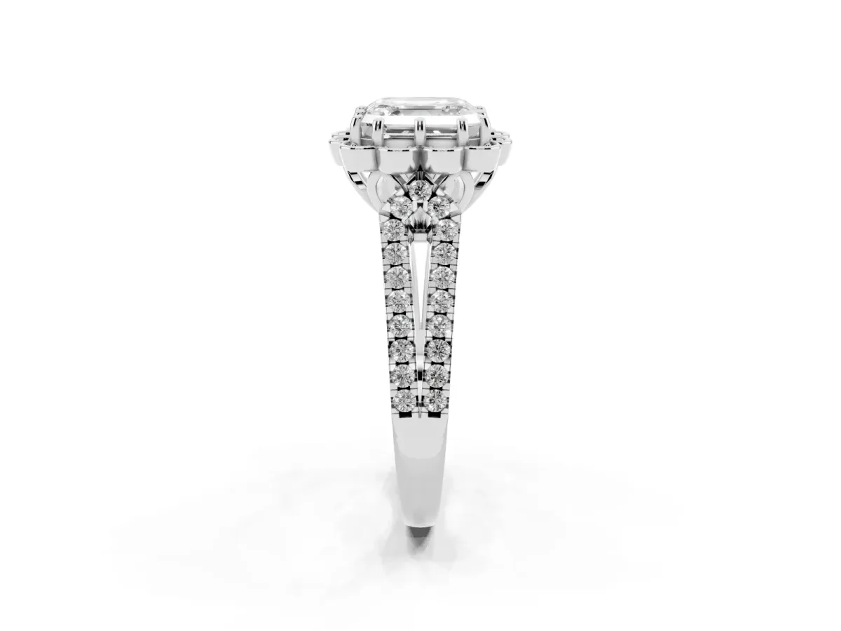 Asscher Cut Halo Diamond Floral Split Shank Engagement Ring Silver