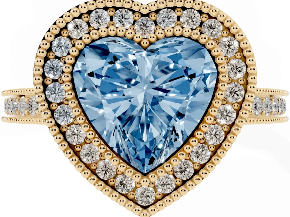 Fancy Blue Heart Cut Cut Halo Diamond Ring with Pavé Band and Milgrain Prong Setting Yellow gold
