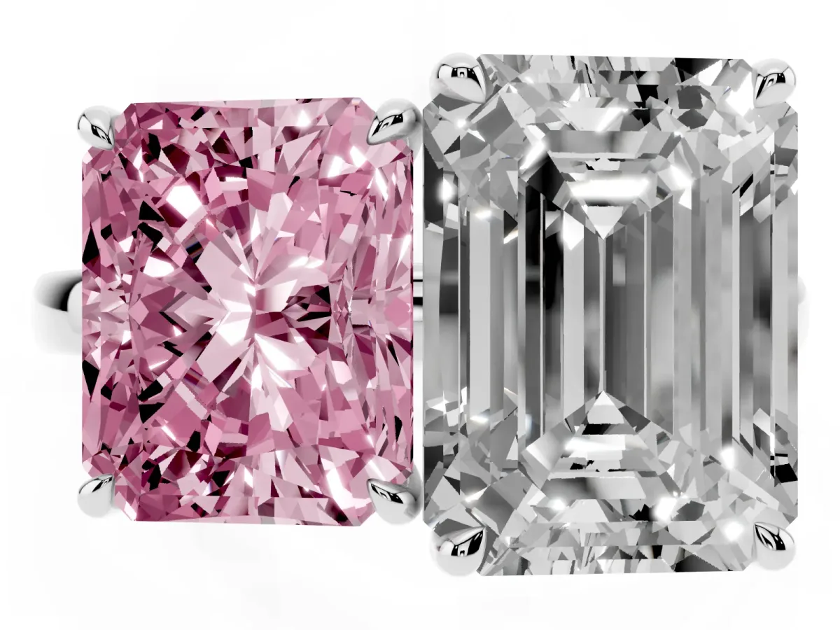 Fancy Pink Radiant Cut and Emerald Cut Toi Moi Ring with Prong Setting Silver