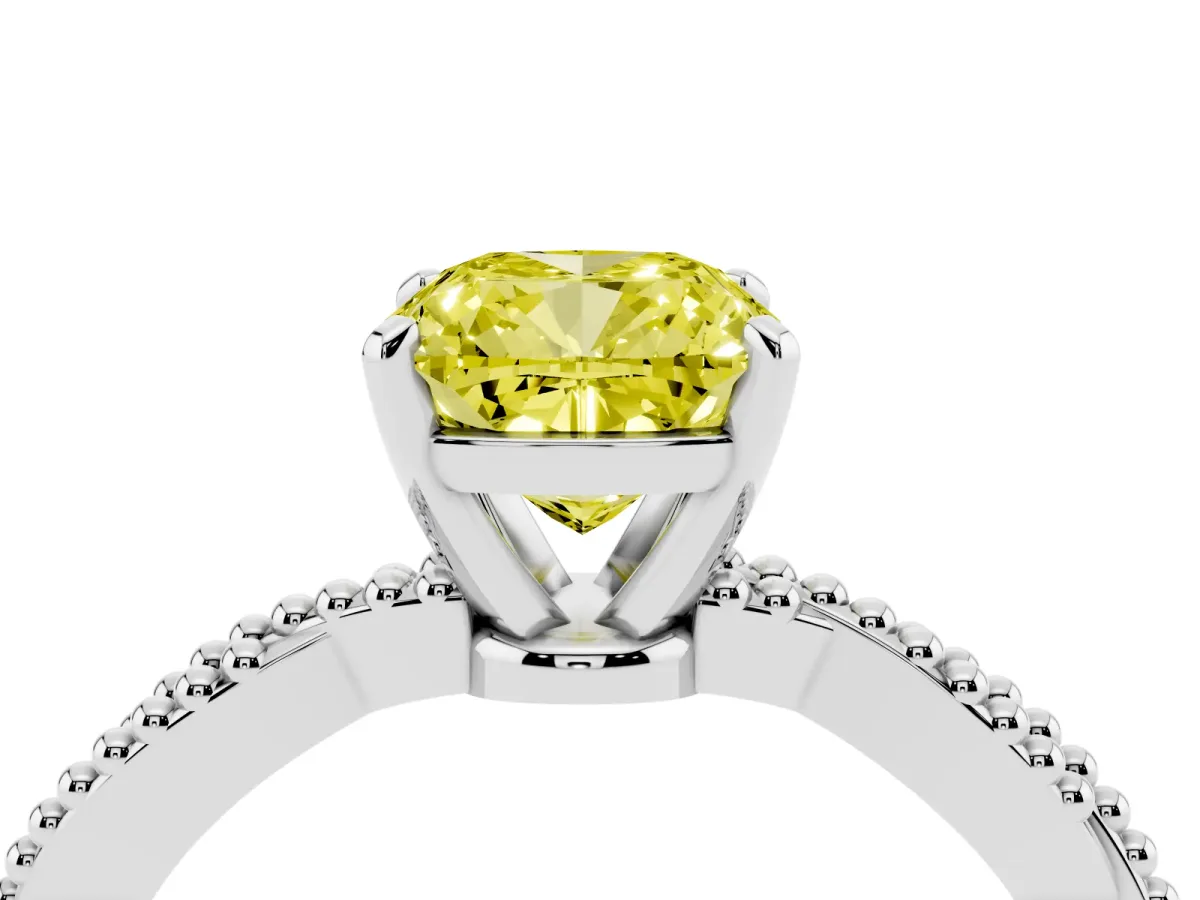 Fancy Yellow Cushion Cut Solitaire Twisted Band with Bead Prong Setting Platinum