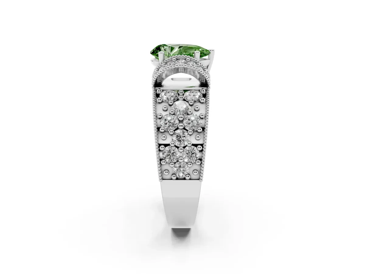 Fancy Green Pear Cut Halo Pave Diamond Engagement Ring with Milgrain Detailing Silver