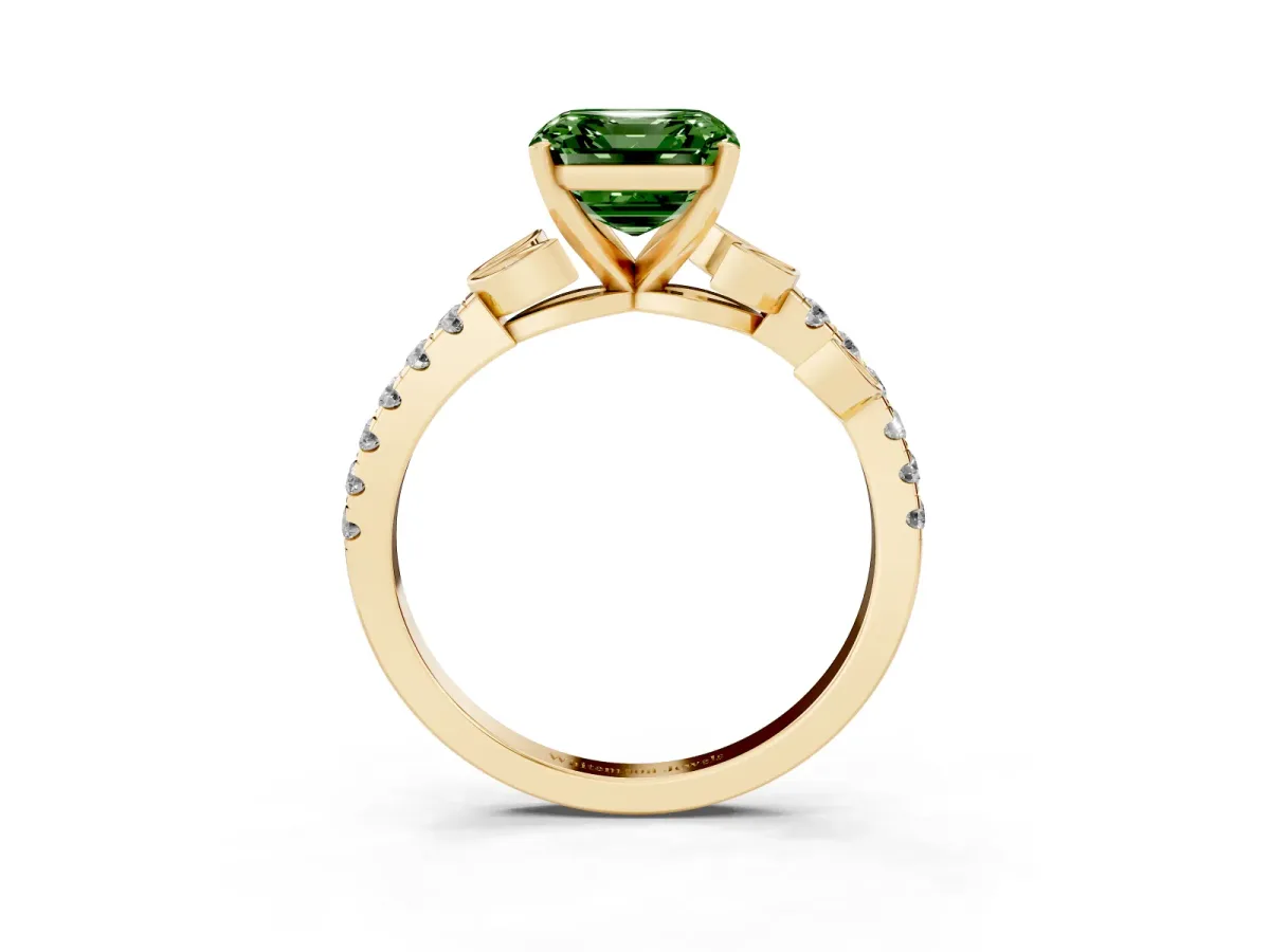 Fancy Green Asscher Cut Solitaire Leaf-Inspired Diamond Ring with Pavé Band and Four-Prong Setting Yellow gold