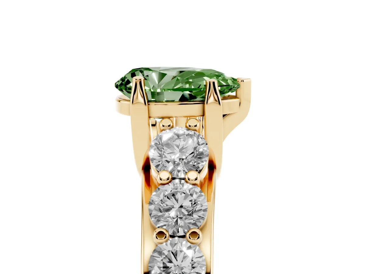 Fancy Green Pear Cut Diamond Engagement Ring with Pavé Band and Four-Prong Setting Yellow gold