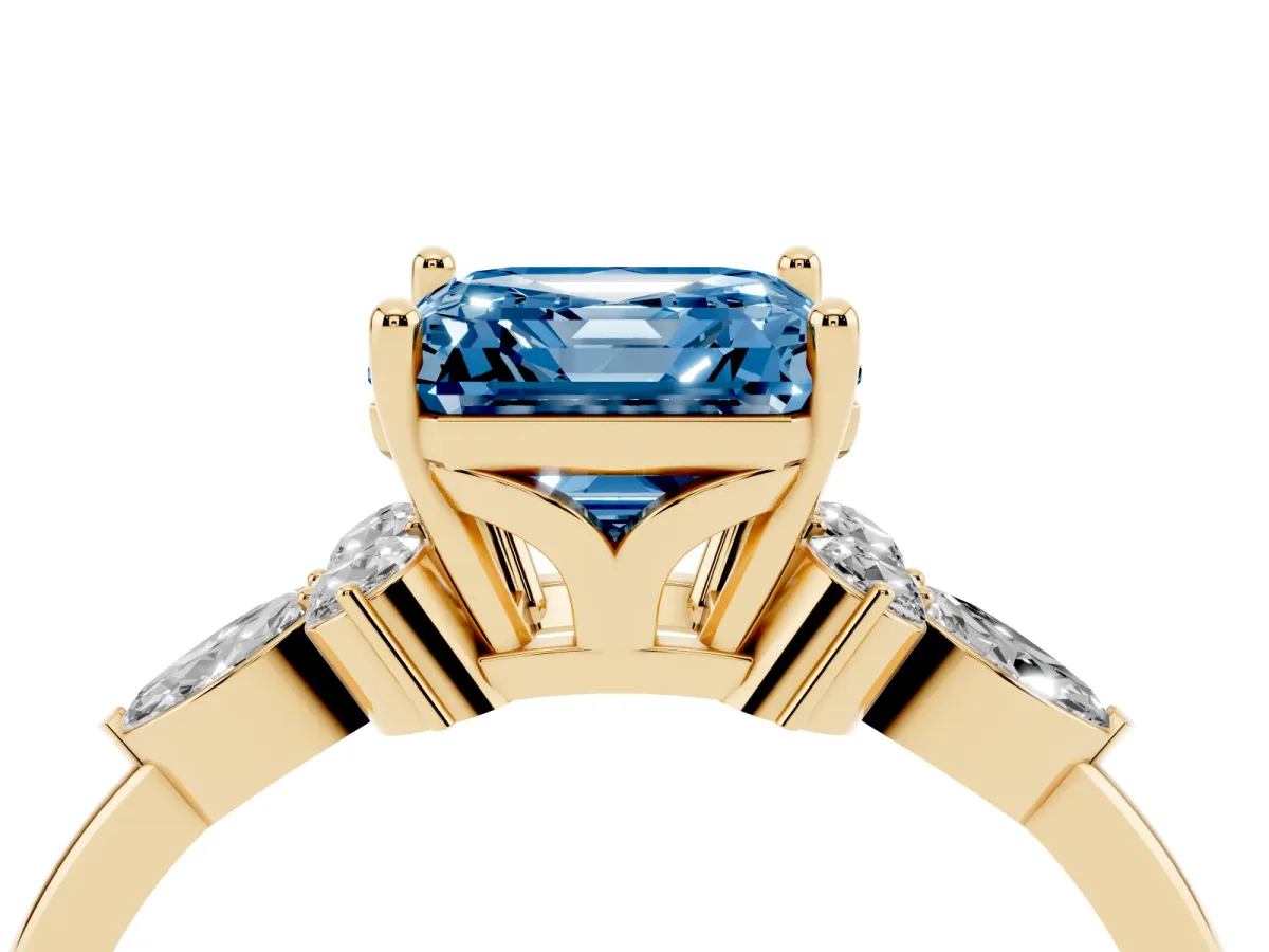 Fancy Blue Asscher Cut Brilliant Diamond Solitaire Ring with Pear Side Stones and Four-Prong Setting Yellow gold