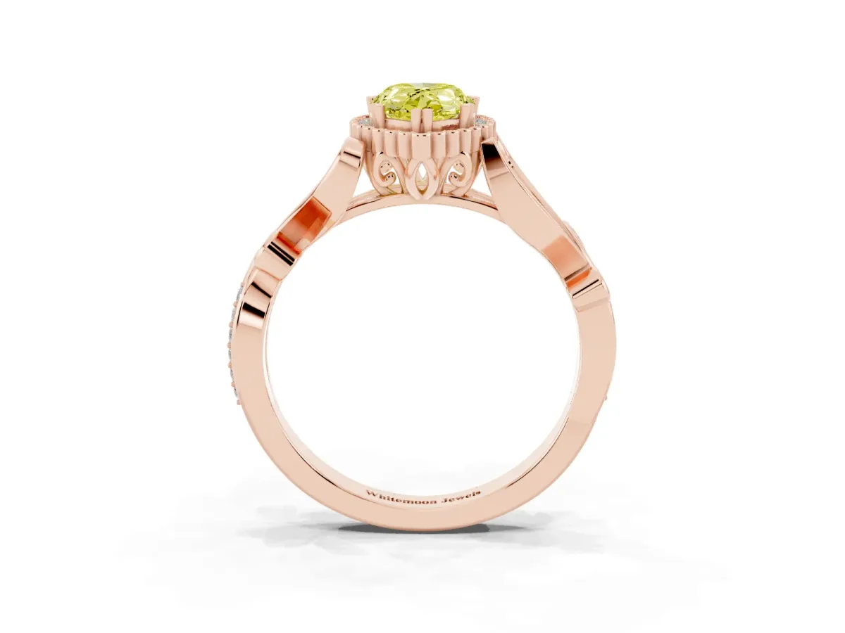 Fancy Yellow Pear Cut Diamond Halo Ring with Vintage Split Shank and Four-Prong Setting Rose gold