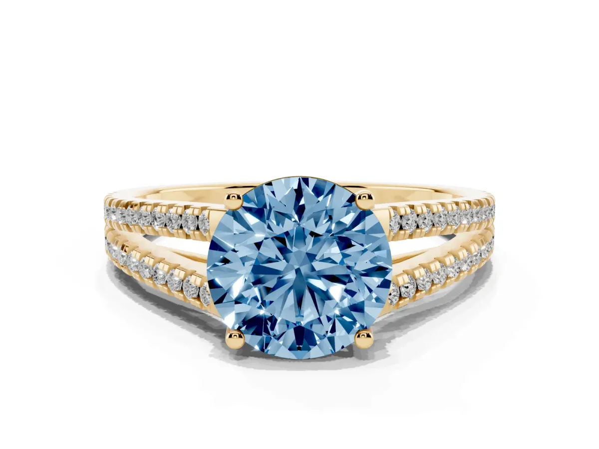Fancy Blue Round Cut Diamond Solitaire Engagement Ring with Split Shank Pavé Band Yellow gold