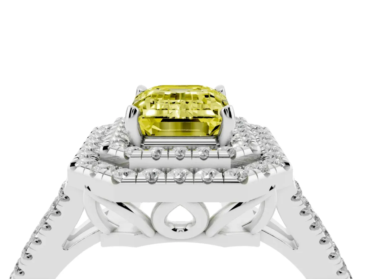 Fancy Yellow Emerald Cut Diamond Double Halo Ring with Pavé Band and Prong Setting Platinum