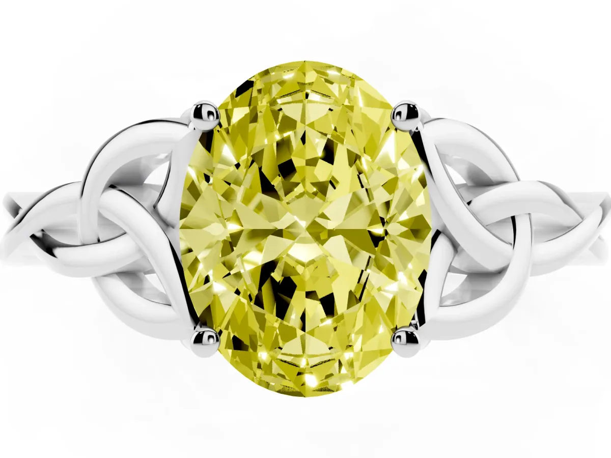 Fancy Yellow Oval Cut Diamond Solitaire Engagement Ring with Celtic Knot Band and Four-Prong Setting White gold
