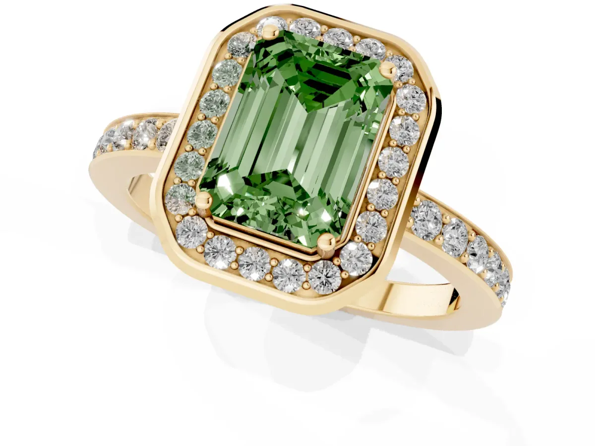 Fancy Green Emerald Cut Diamond Halo Ring with Bezel Frame and Pavé Band Yellow gold