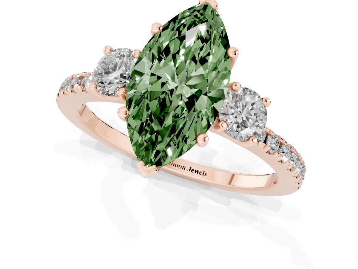 Fancy Green Three-Stone Marquise Cut Cut Diamond Pavé Band with Prong Setting Rose gold