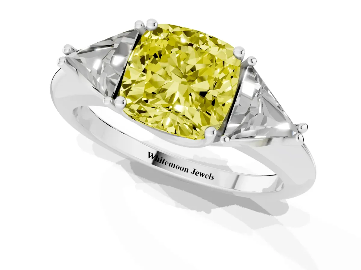 Fancy Yellow Three-Stone Cushion Cut Diamond Engagement Ring with Trillion Side Stones and Prong Setting Silver
