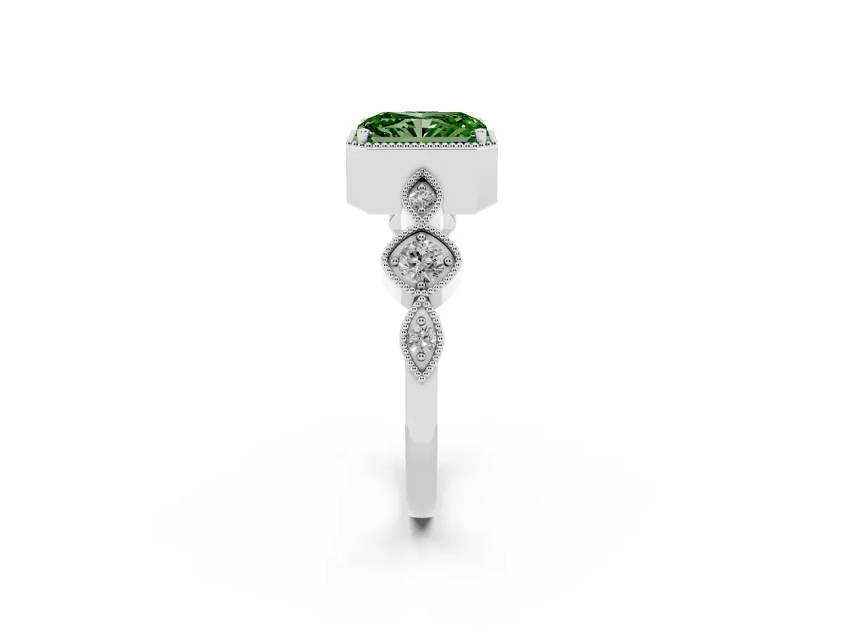 Fancy Green Radiant Cut Diamond Vintage Milgrain Ring with Round Stations Silver