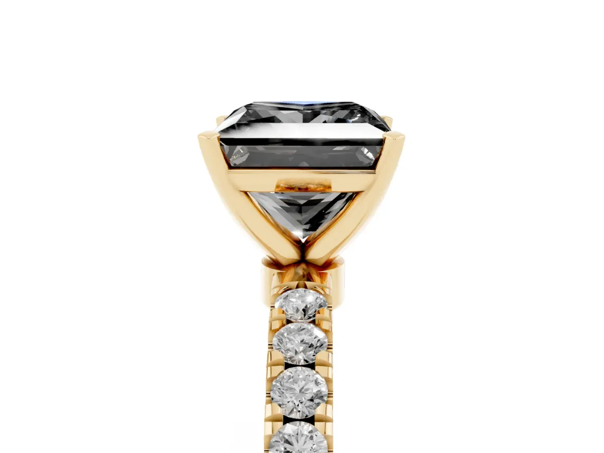Fancy Black Princess Cut Diamond Solitaire Ring with Pavé Accents and Four-Prong Setting Yellow gold