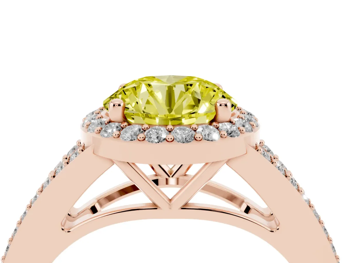 Fancy Yellow Round Cut Halo Split Shank Diamond Ring with Prong Setting Rose gold