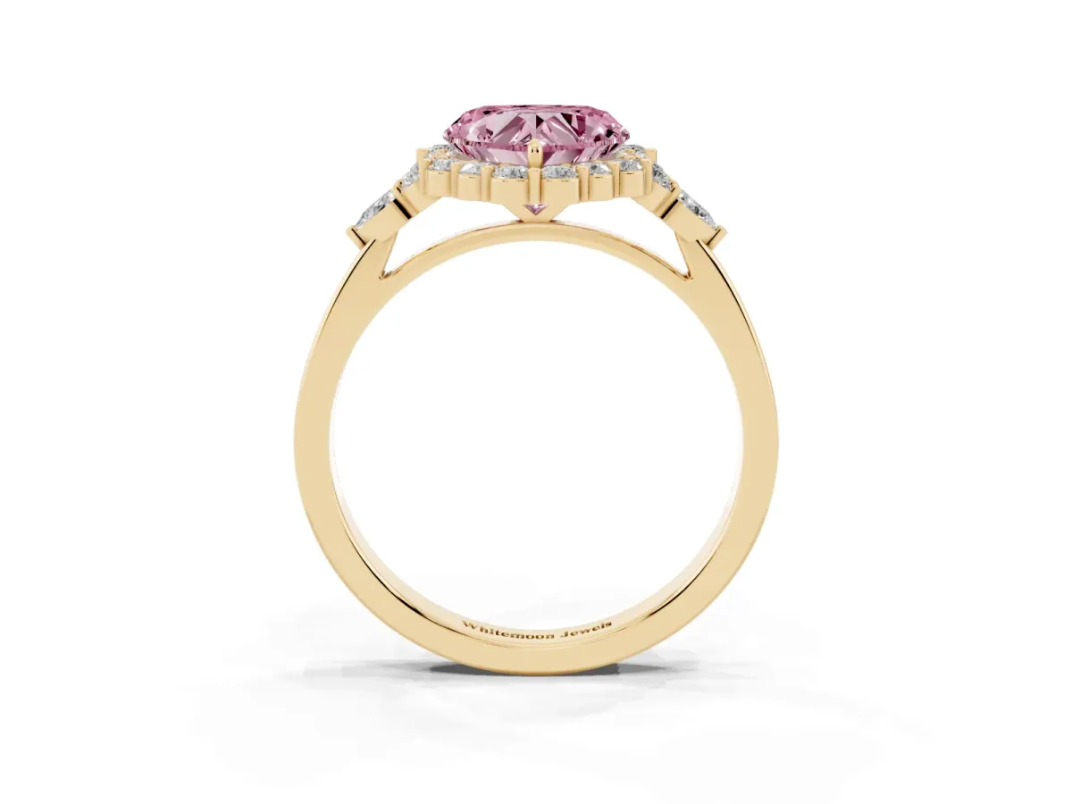 Fancy Pink Heart Cut Diamond Halo Ring with Pear Side Stones and Prong Setting Yellow gold