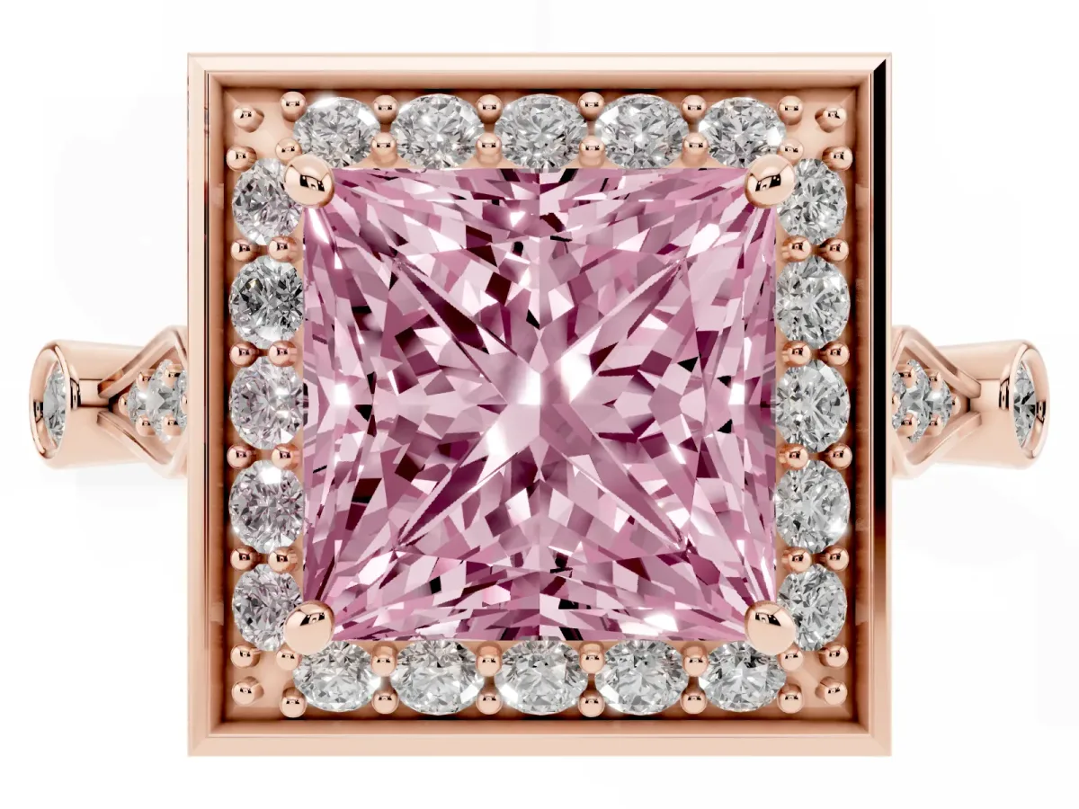 Fancy Pink Princess Cut Halo Diamond Engagement Ring with Twisted Band and Four-Prong Setting Rose gold