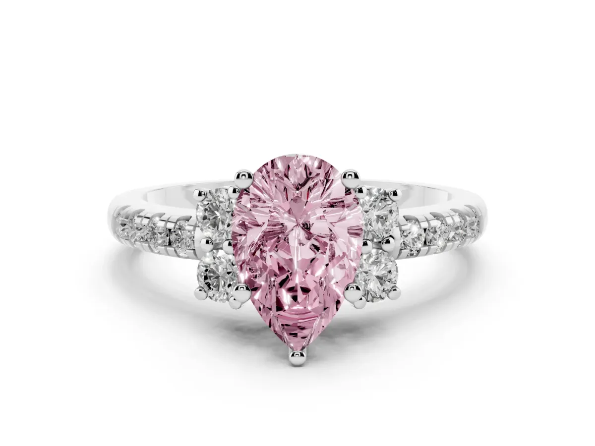 Fancy Pink Pear Cut Diamond Three-Stone Pave Band with Four-Prong Setting Silver