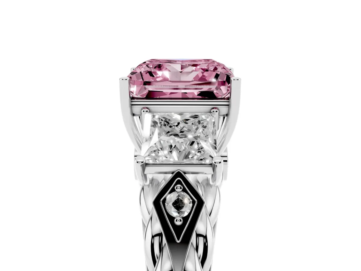 Fancy Pink Three-Stone Princess Cut Diamond Braided Band Ring with Four-Prong Setting Platinum