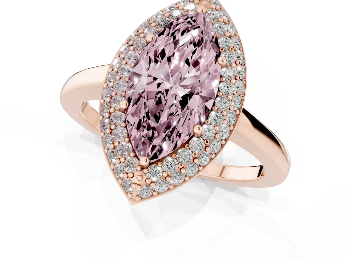 Fancy Pink Marquise Cut Halo Diamond Engagement Ring with Solitaire Band and Four-Prong Setting Rose gold