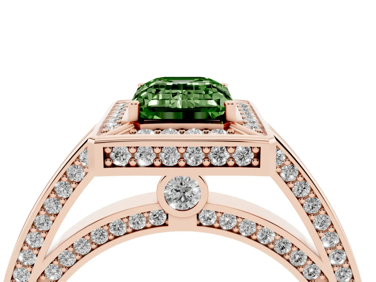 Fancy Green Emerald Cut Cut Halo Pave Split Shank Prong Setting Ring Rose gold