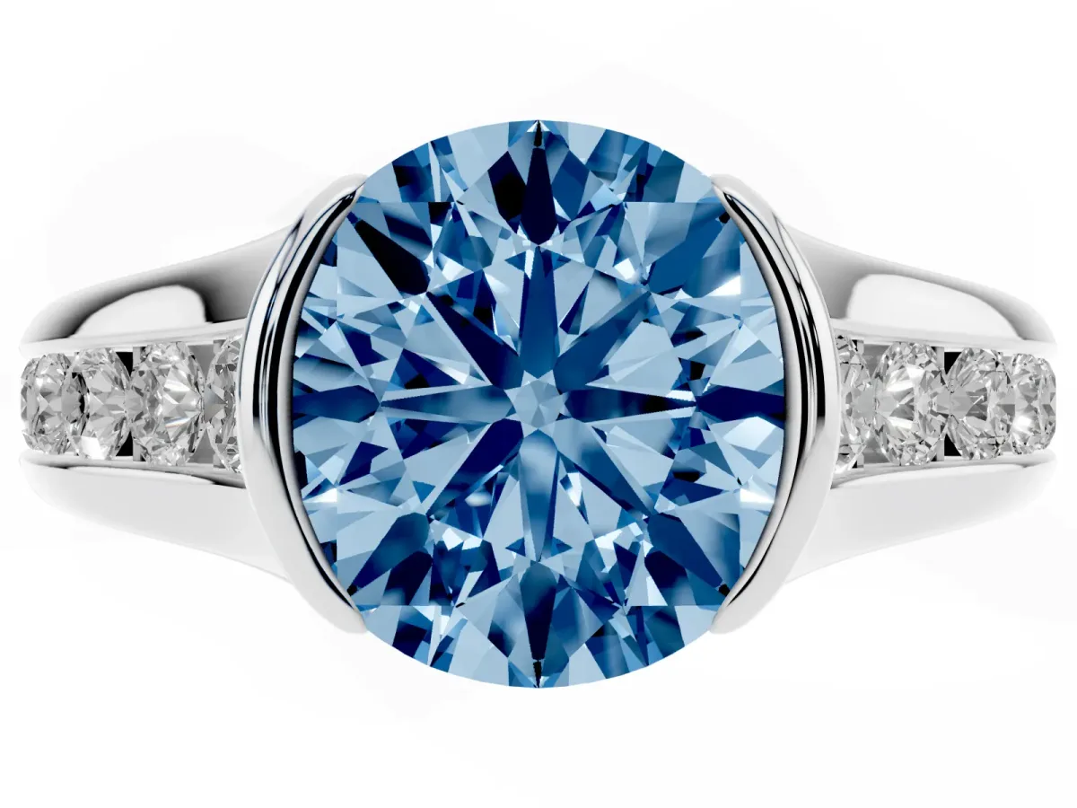 Fancy Blue Round Cut Solitaire Bezel-Set Diamond Ring with Channel-Set Band Platinum