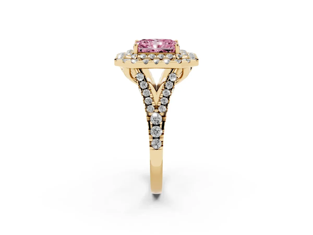 Fancy Pink Double Halo Radiant Cut Diamond Pavé Split Shank Ring with Prong Setting Yellow gold