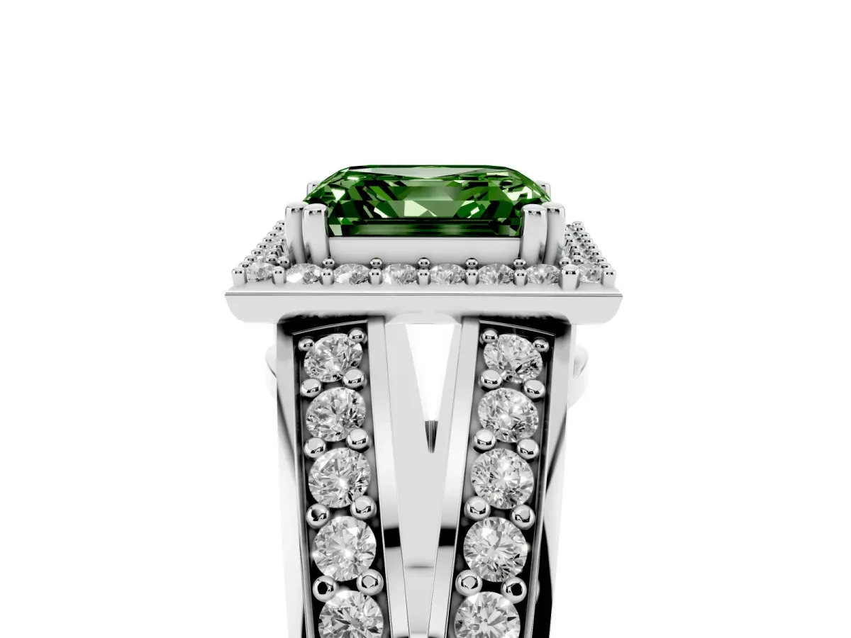 Fancy Green Asscher Cut Diamond Halo Ring with Split Shank Pavé Band and Four-Prong Setting Platinum