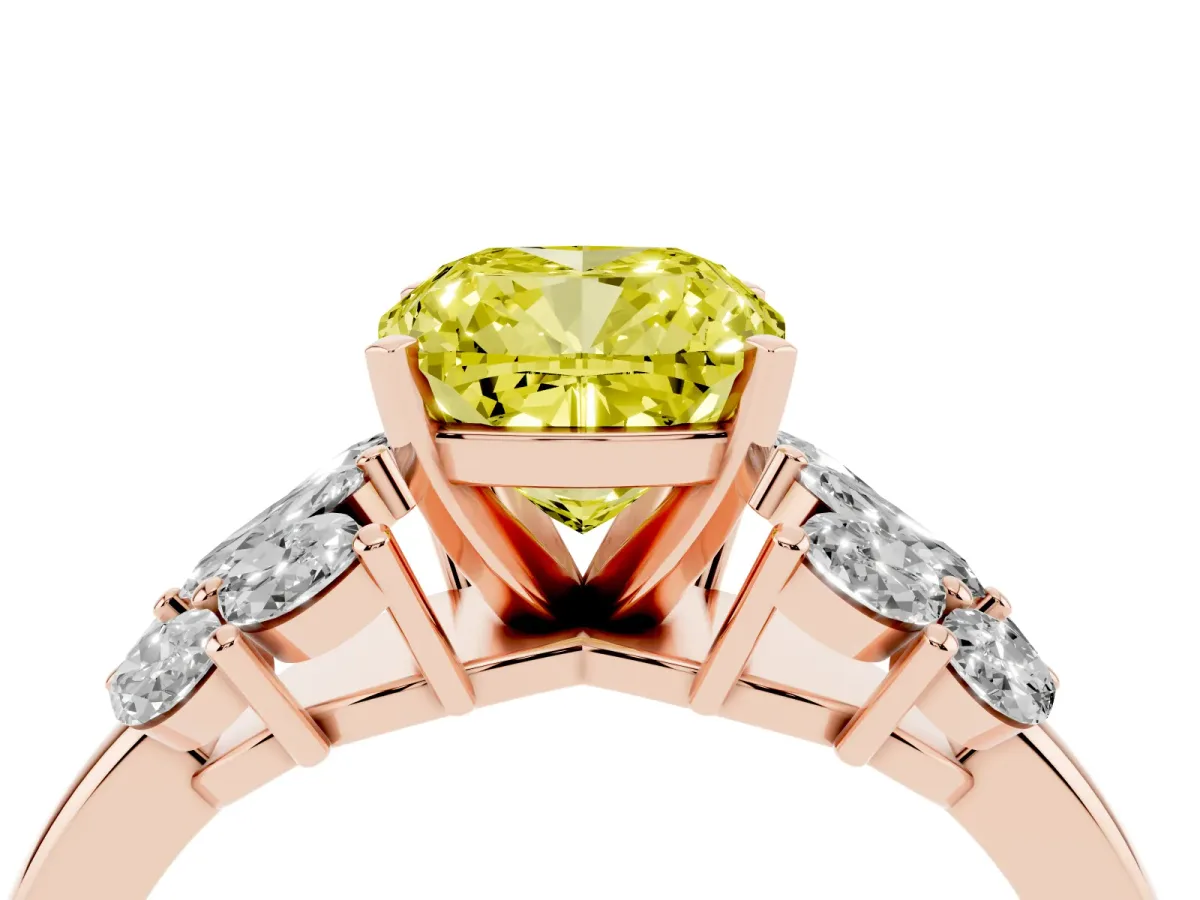 Fancy Yellow Cushion Cut Diamond Cluster Leaf Design Ring with Prong Setting Rose gold
