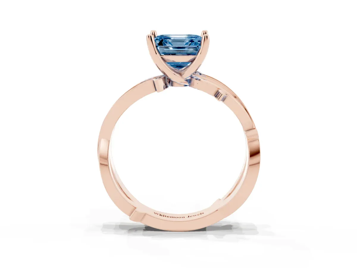 Fancy Blue Asscher Cut Solitaire Twist Band with Pavé Accents and Four-Prong Setting Rose gold