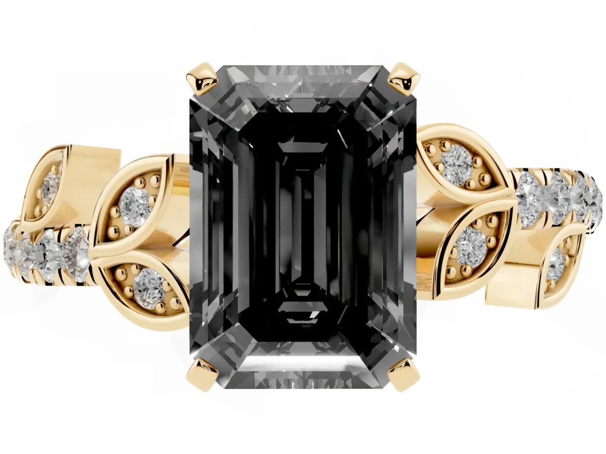 Fancy Black Emerald Cut Solitaire Leaf-Inspired Diamond Ring with Pavé Band and Four-Prong Setting Yellow gold