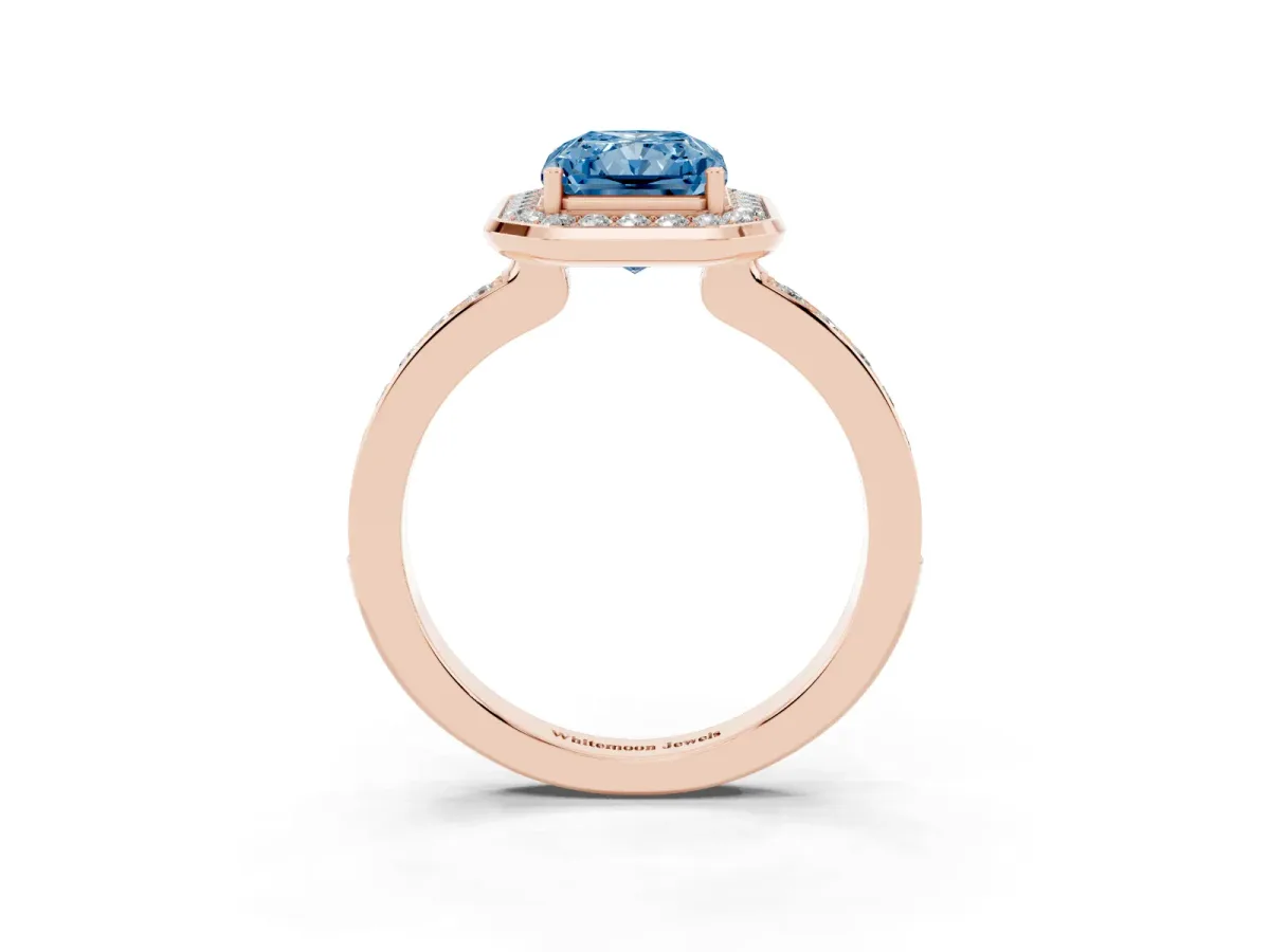 Fancy Blue Radiant Cut Diamond Halo Ring with Bezel Frame and Pavé Band Rose gold